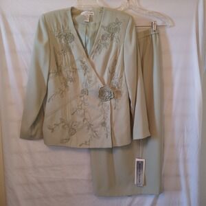 Justin Taylor Size 10 Skirt Suit Sage Green Beaded Embroidered Column VNTG NWT